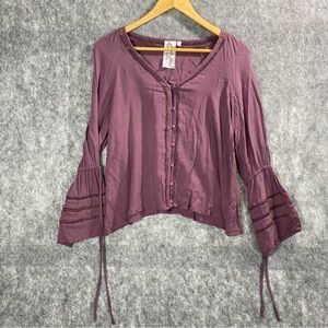 Sadie &‎ Sage Womens Plum Color Lace Bell Sleeve Button V-Neck Bohemian Blouse S